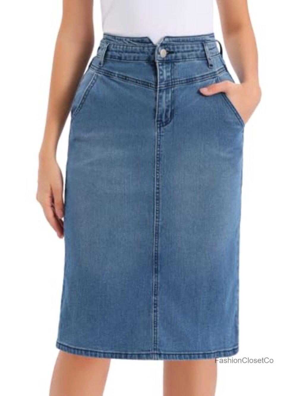 Stretchy High Waist Denim Pencil Skirt Below Knee Jean Skirt